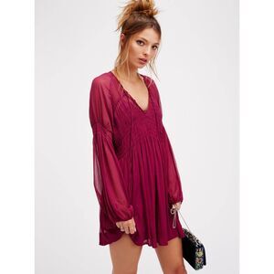 Free People Lini long sleeve sheer smocked mini dress mulberry medium
